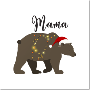 Mama Bear Christmas Pajamas TShirt Matching Santa Hat Lights Posters and Art